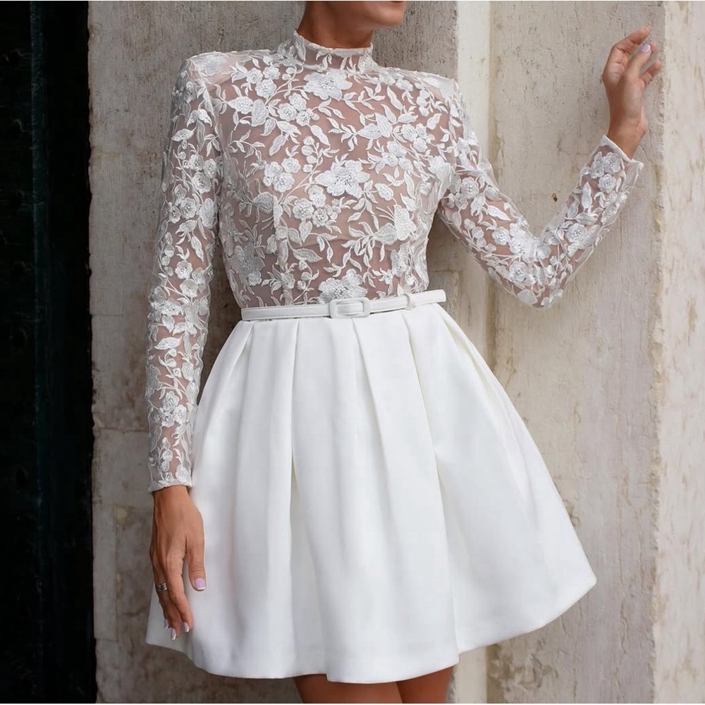 Nadine Merabi Lace Floral Dress with Belt - perf for bridal event or any event